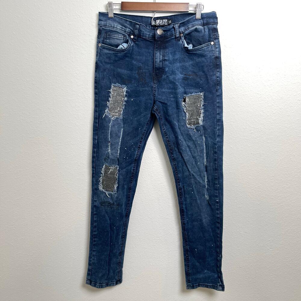 Brooklyn State Bedazzled Distressed Skinny Jeans Womens 34 Blue Rhinestone Patch